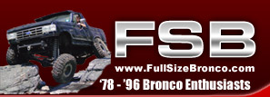 1990 Ford Bronco - A lifted Ford Bronco navigates a rocky terrain, with website and enthusiast group information displayed.
