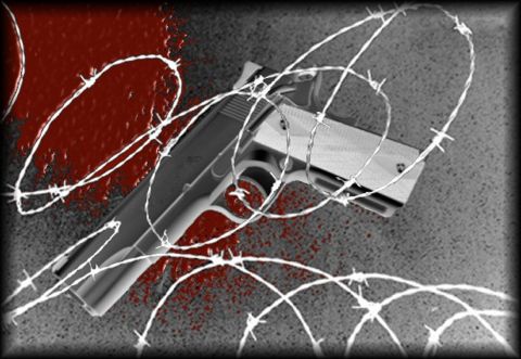 1990 Ford Bronco - A handgun lies amidst barbed wire and blood splatters on a textured surface.