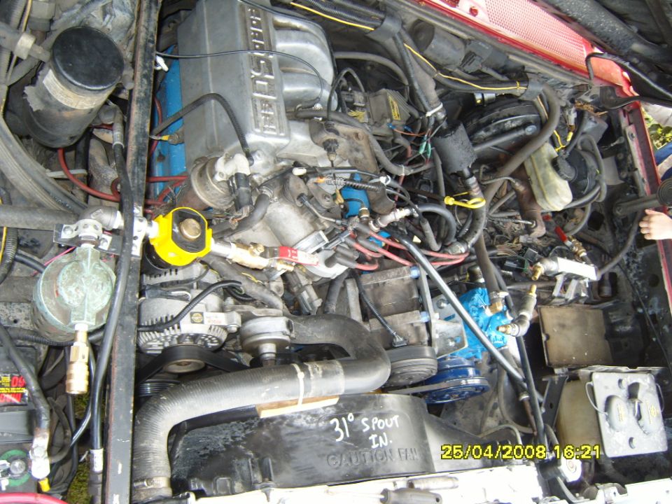 Ford 5.0 EFI V8 engine bay from above with serpentine belt and 31 degree spout note on fan shroud