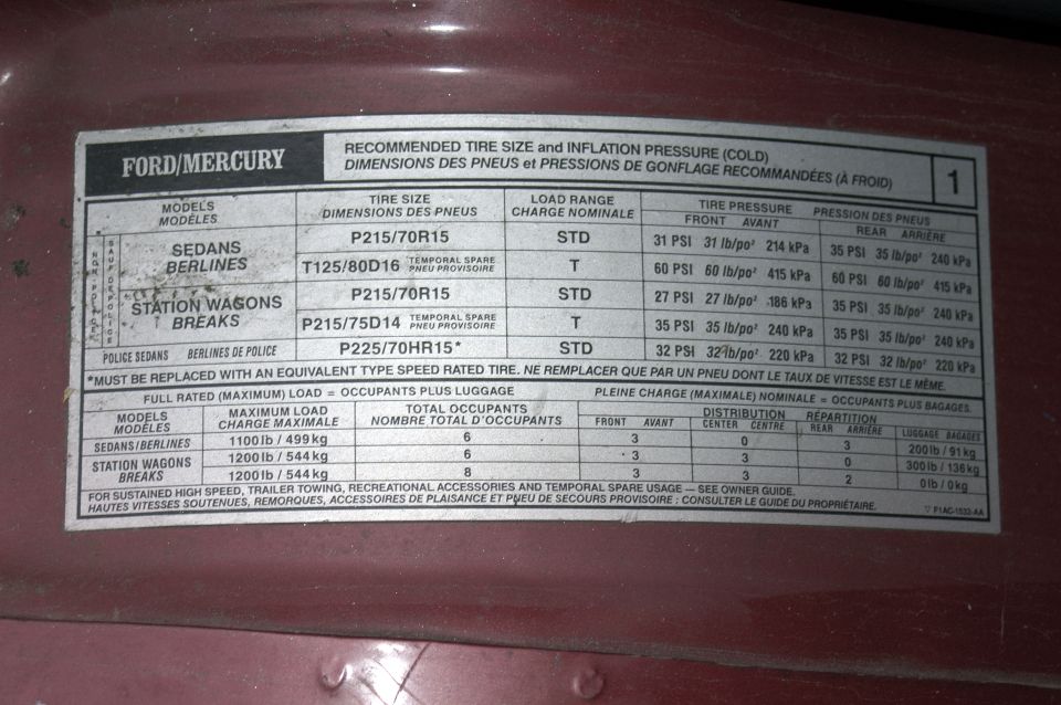 Ford/Mercury tire size and inflation pressure label for sedans, station wagons and police sedans