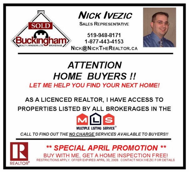 Real estate ad for Nick Ivezic, sales representative with Buckingham Realty. Includes contact info and promotion details