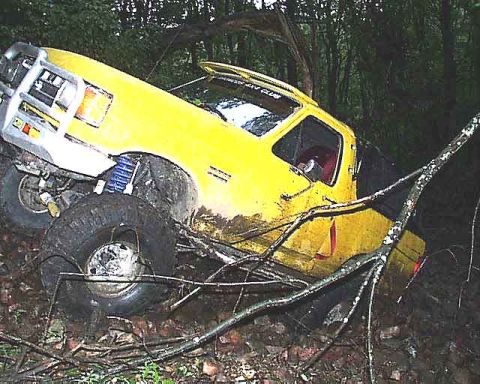 1988 Ford Bronco - Off-road Bronco appears stuck in a wooded area after an apparent incident.