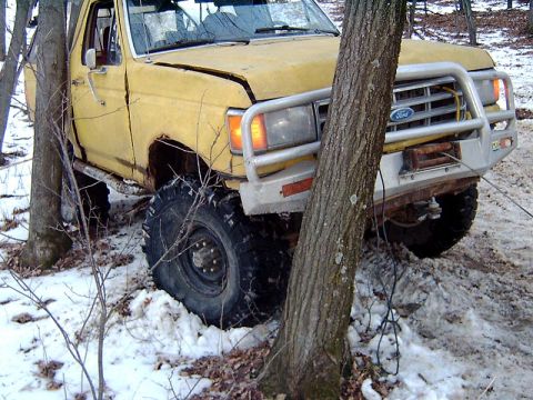 1988 Ford Bronco - Yellow Ford truck with large tires stuck between two trees in a snowy wooded area.