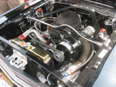 1968 Ford Mustang - The engine bay of a 1968 Ford Mustang features a Cobra air cleaner and numerous polished aftermarket parts.