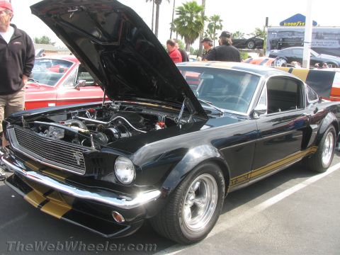 1968 Ford Mustang - Black 1967 Ford Mustang GT500 with gold stripes and hood open, parked outdoors.