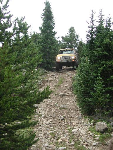 1988 Ford Bronco - A yellow SUV navigates a rough, rocky path through a dense forest.