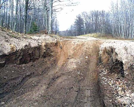 1988 Ford Bronco - Tire tracks mark a path up a muddy hill, suggesting recent vehicle passage through a wooded area.