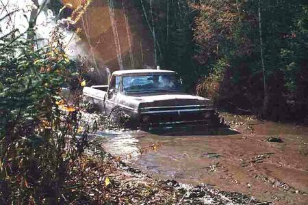1988 Ford Bronco - A Ford pickup truck is stuck in a muddy, wooded area.