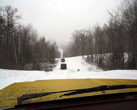 1988 Ford Bronco - A convoy of vehicles navigates a snowy path surrounded by trees under an overcast sky.