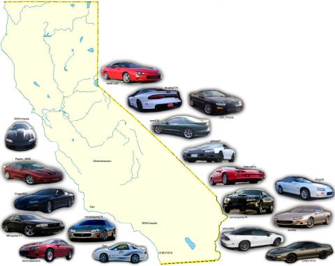 1989 Ford Bronco - A map of California displays multiple cars, each labeled with a username, indicating their locations.