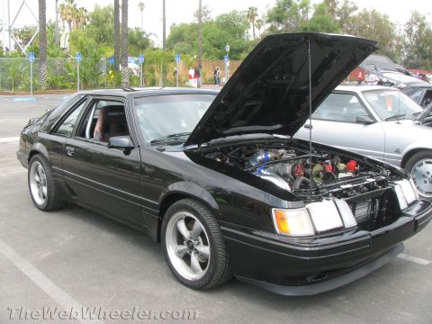 1968 Ford Mustang - This black coupe, likely a 1987 Ford Mustang, is displayed with its hood open, revealing a modified engine bay.