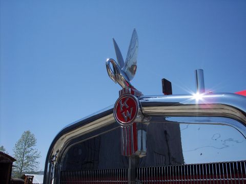 1981 Kenworth W900A - Close-up of a chrome hood ornament and grille on a truck, with a bright blue sky in the background.