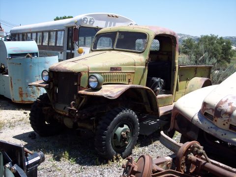 1981 Kenworth W900A - A weathered green truck sits in a yard with a white bus and other discarded vehicle parts.