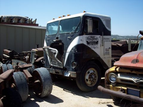 1981 Kenworth W900A - A weathered truck cab sits in a junkyard, its "Amber Steel Company" decal still visible on the door.