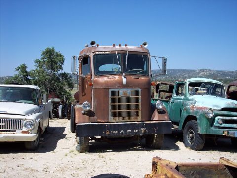 1981 Kenworth W900A - A weathered Mack truck sits in a junkyard under a clear blue sky.