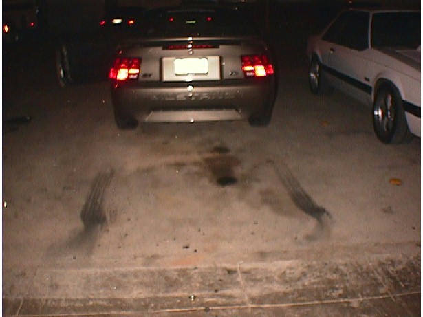 Gray Mustang parked at night beside a Fox-body Mustang with burnout marks on pavement