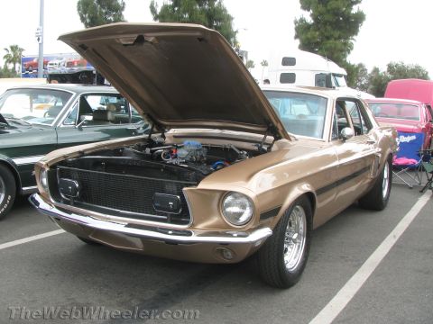 1968 Ford Mustang - A 1968 Ford Mustang is displayed with its hood open, revealing the engine bay.