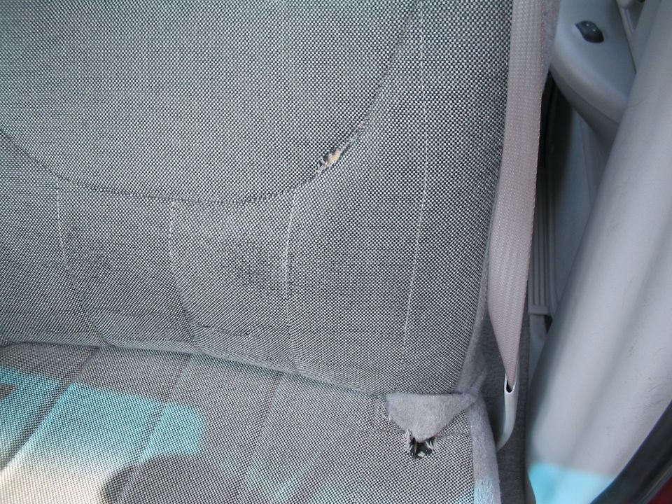 Close-up of a torn car seat with a seatbelt visible