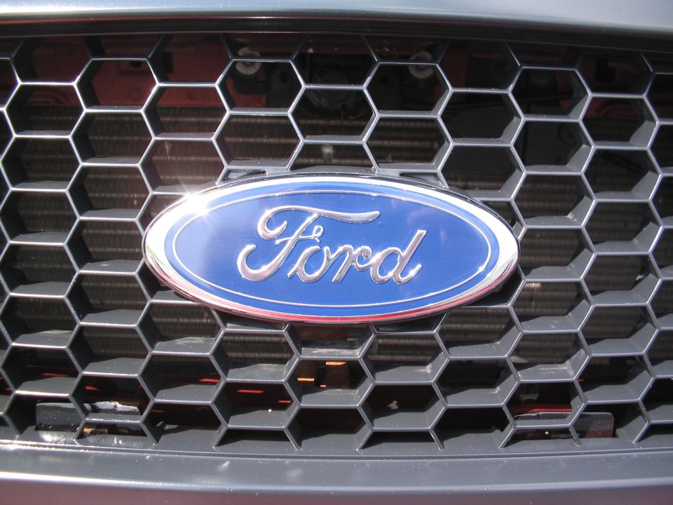 Ford emblem on a black honeycomb grille, close-up front view