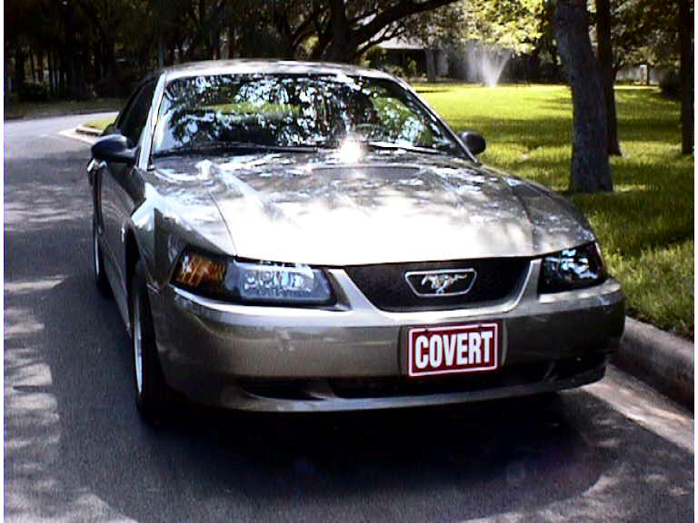 Front of a gray Mustang with running-pony grille emblem and red COVERT dealer plate