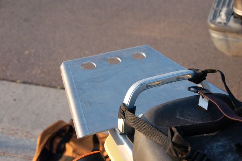 1998 BMW R1100GS ABS - Close-up of a motorcycle's rear rack, showing its construction and attachment points.