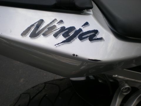 2002 Buell Lightning w/Fairing - A close-up of a motorcycle fairing displays the 'Ninja' logo, contradicting the registry's claim of a Buell Lightning.