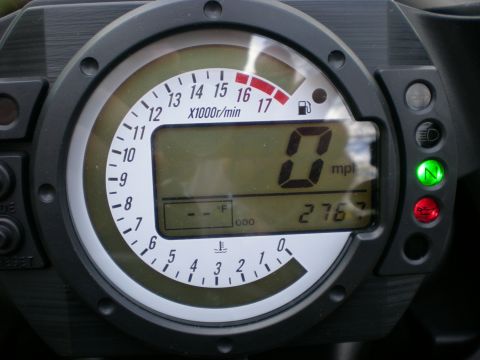 2002 Buell Lightning w/Fairing - Close-up of a motorcycle's digital and analog instrument cluster with various gauges and indicator lights.