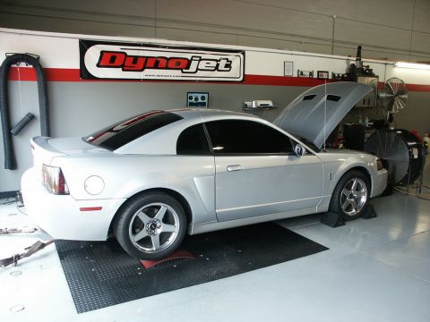 2001 Mercury Grand Marquis - A silver Ford Mustang coupe is positioned on a dynamometer with its hood open, under a Dynojet banner.
