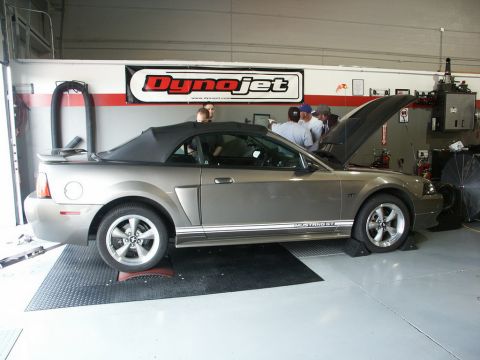 2001 Mercury Grand Marquis - A gray convertible Mustang GT is positioned on a dynamometer with its hood open, indicating performance testing.