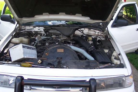 White 1996 Ford Crown Victoria engine bay with hood open, showing engine components and an Interstate battery box