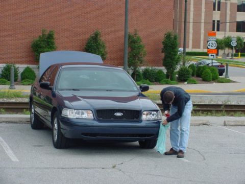 1998 Ford Crown Victoria - A person cleans the front bumper of a dark blue 2003 Ford Crown Victoria parked outside.