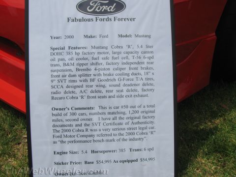 1968 Ford Mustang - Car-show spec placard for a 2000 Ford Mustang Cobra R listing special features, owner comments, and sticker price.
