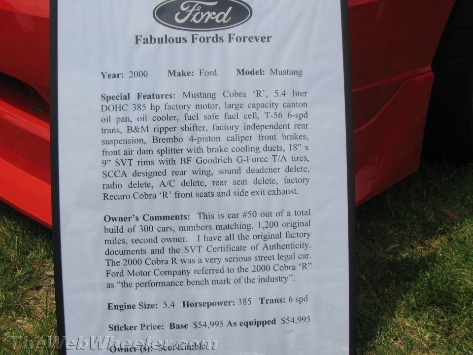 Fabulous Fords Forever car-show placard for a 2000 Ford Mustang Cobra R with features and specs