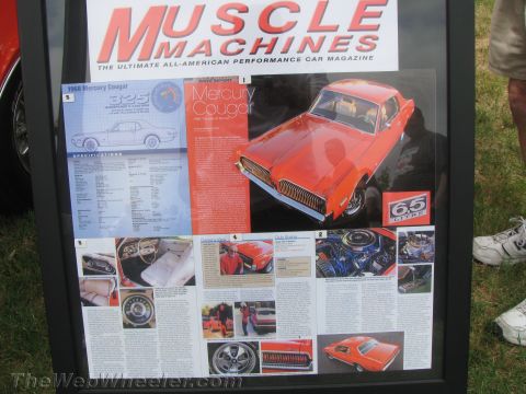 1968 Ford Mustang - Framed Muscle Machines magazine article about a 1968 Mercury Cougar with feature photos and a specifications panel.