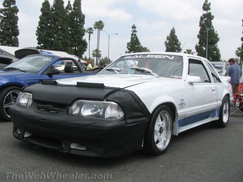 1968 Ford Mustang - Photograph of a white Saleen Fox-body Mustang with a black front bra at a car show.