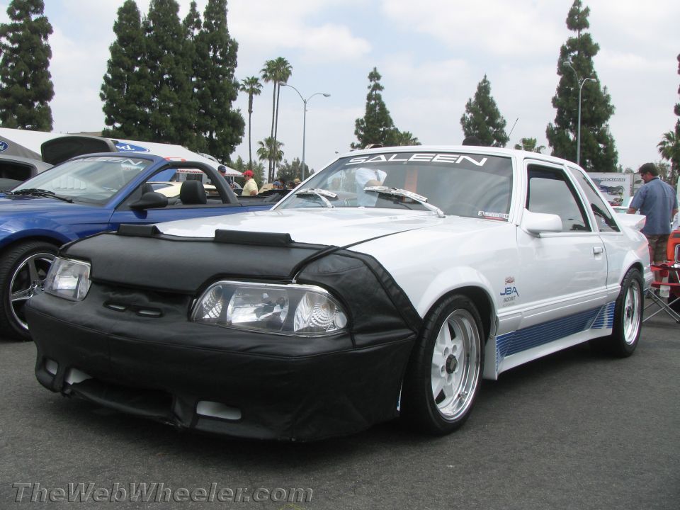 White Saleen Fox-body Mustang with front bra
