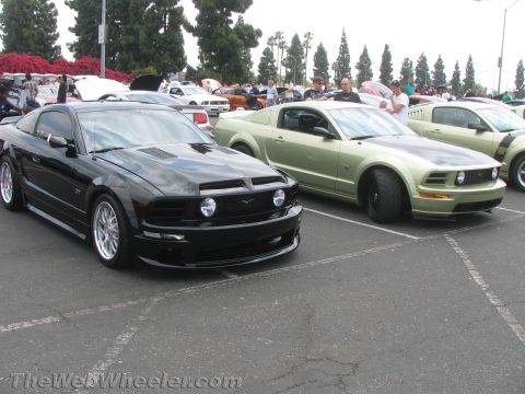 1968 Ford Mustang - Photograph of a black and a green late-model Mustang coupe parked at a car show.