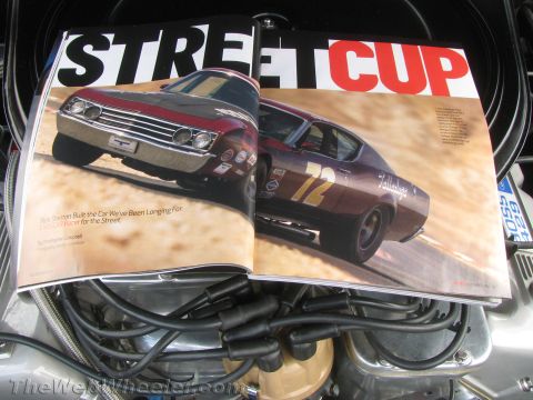 1968 Ford Mustang - Magazine article spread headlined Street Cup featuring a race-prepped Ford Torino, photographed atop an engine.