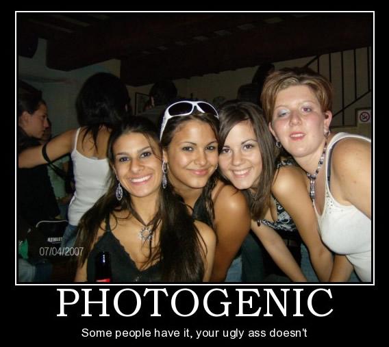 Demotivational poster of four young women with PHOTOGENIC caption