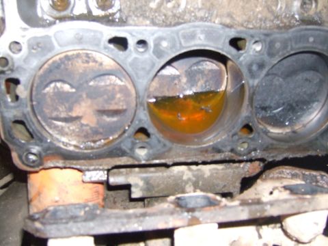 1989 Ford Bronco - Close-up view of engine cylinders, revealing pistons and accumulated oil, with one cylinder holding a pool of liquid.
