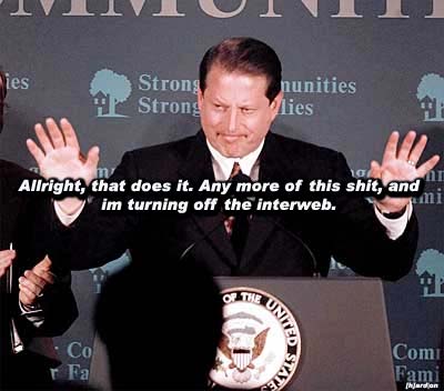 1996 Ford Bronco - Al Gore at a podium, with a quote about turning off the internet.