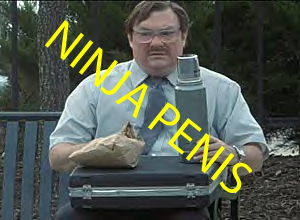 1996 Ford Bronco - Man with sandwich and thermos, with 'NINJA PENIS' text overlay and Super Motors logo.