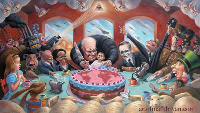 Surreal painting of a chaotic feast with caricatured figures and a cake shaped like Earth.