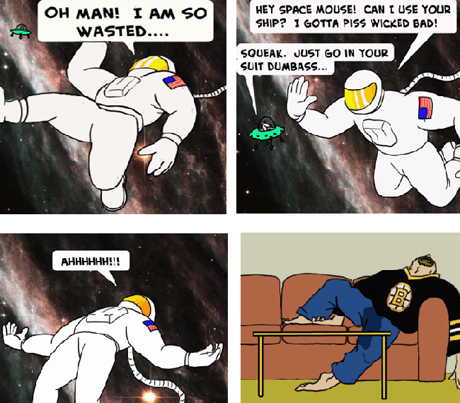 Comic strip of an astronaut in space asking to borrow a ship and then passed out on a couch.