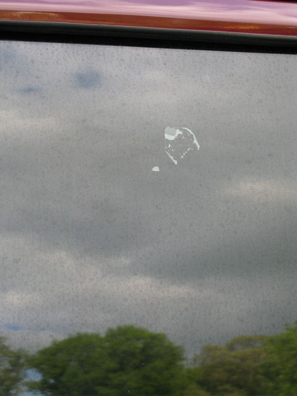 Close-up of a dirty car window with a white smudge and reflections of trees and sky.