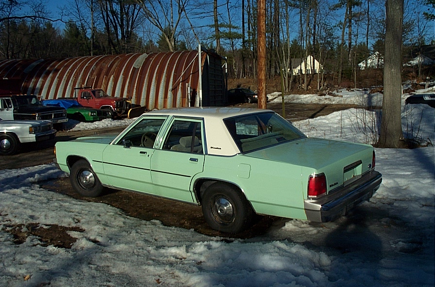 Light green sedan with a white roof parked in snow, viewed from the rear quarter