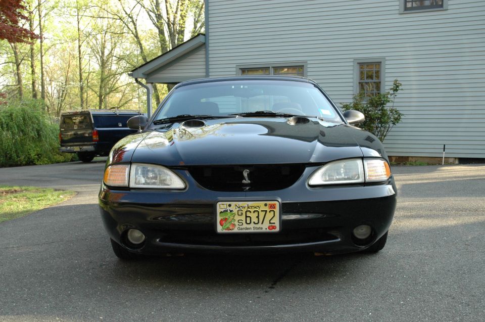 Black Ford Mustang front view with New Jersey license plate
