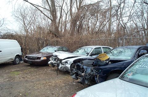 2001 Ford Crown Victoria - Several damaged vehicles are parked in an outdoor lot with bare trees in the background.