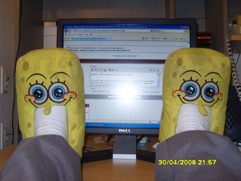 1989 Ford Bronco - SpongeBob slippers are worn while a user browses a web forum on a Dell monitor.
