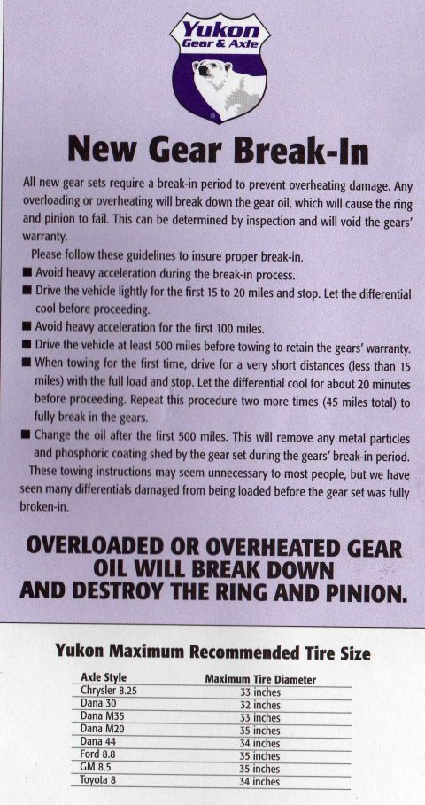 1989 Ford Bronco - Document detailing break-in procedures for new gear sets and a chart of maximum recommended tire sizes for various axle styles.